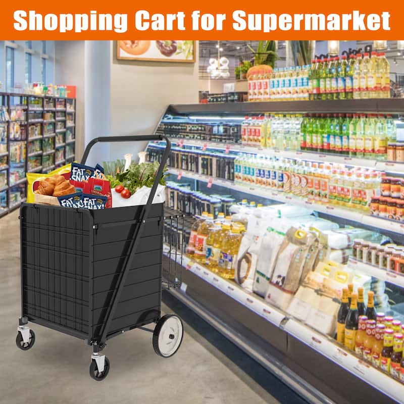 Foldable Super Jumbo Grocery Shopping Cart w/ Double Basket & 360 Rolling Swivel Wheel