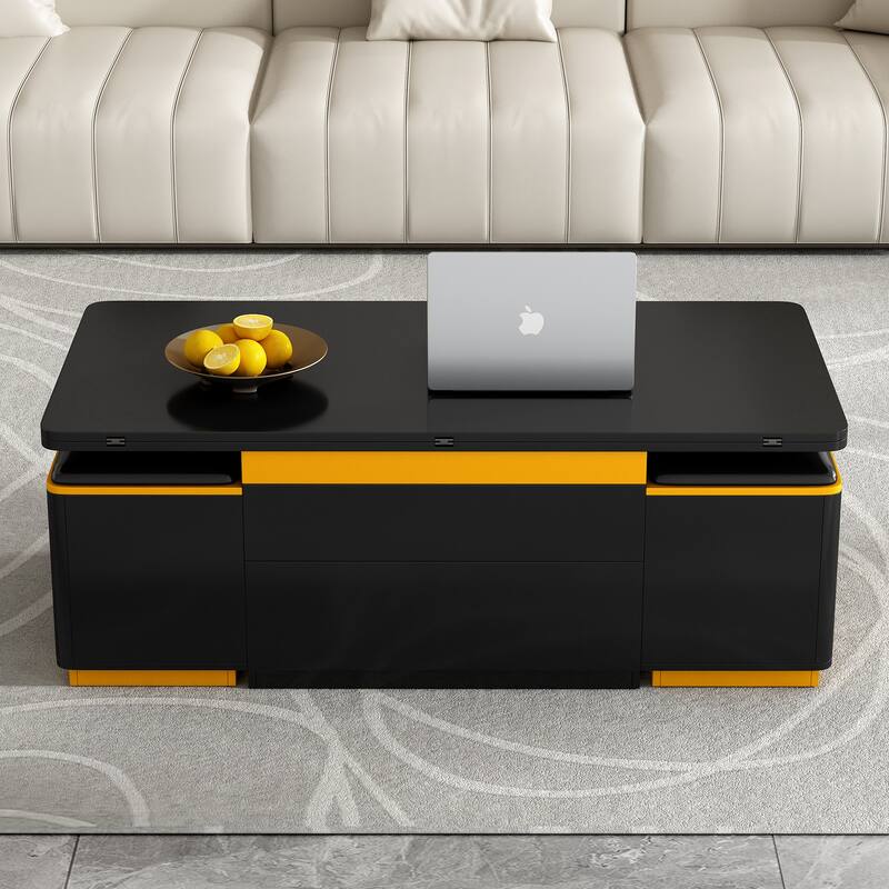 Lift-Top Coffee Table with 4 Storage Stools, Space Saving Center Table w/ Foldable Top, Multi-Functional Adjustable Coffee Table