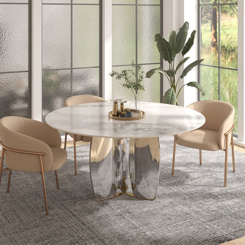 Modern Round Rock Slabs Stainless Steel Mirror Pedestal Dining Table