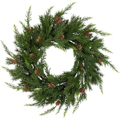 Cypress and Pine Cone Artificial Christmas Wreath 24-Inch - Unlit - 24"