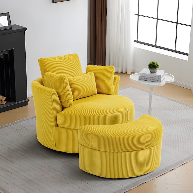 Upholstered Swivel Accent Chair with Wooden Tray Storage Ottoman - Chair & Ottoman Sets - MUSTARD/Corduroy