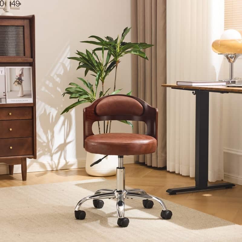 Ring-Shaped Wooden Back Office Chair With Foot Spikes And Wheels