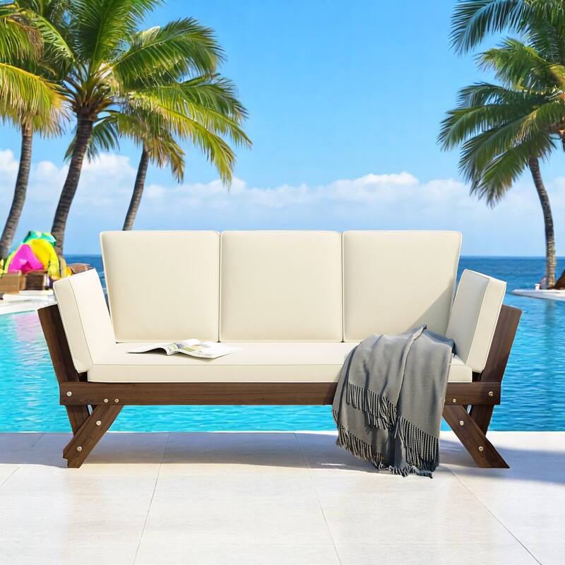 Outdoor Expandable Acacia Wood Daybed with Adjustable Sides,Cushions and Pillows, 3-Position Patio Sofa Lounge - Solid Wood