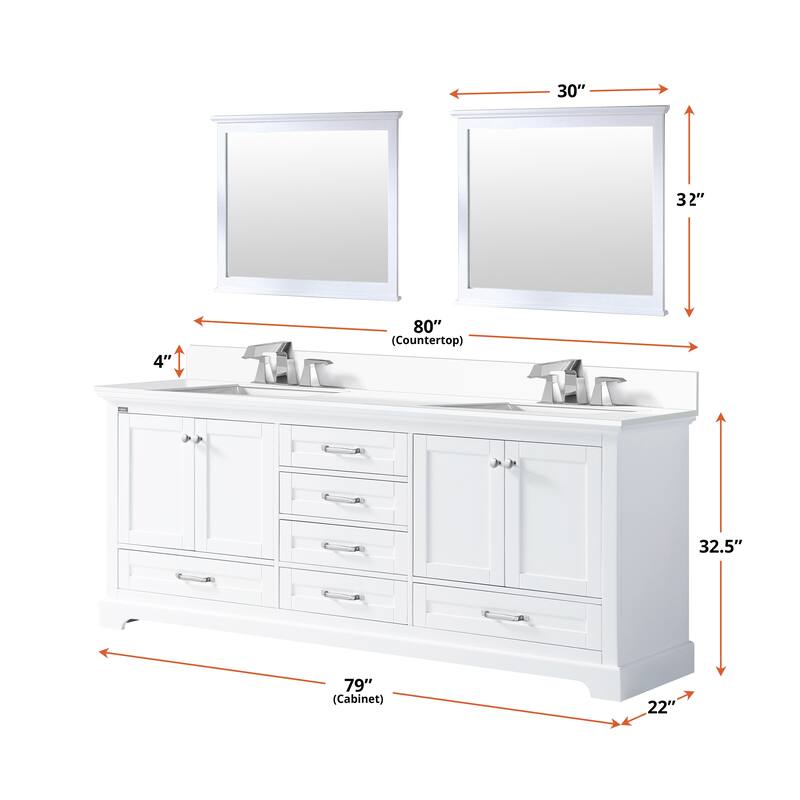 Dukes 80 in. W x 22 in. D White Double Bath Vanity, White Quartz Top, Faucet Set, and 30 in. Mirrors