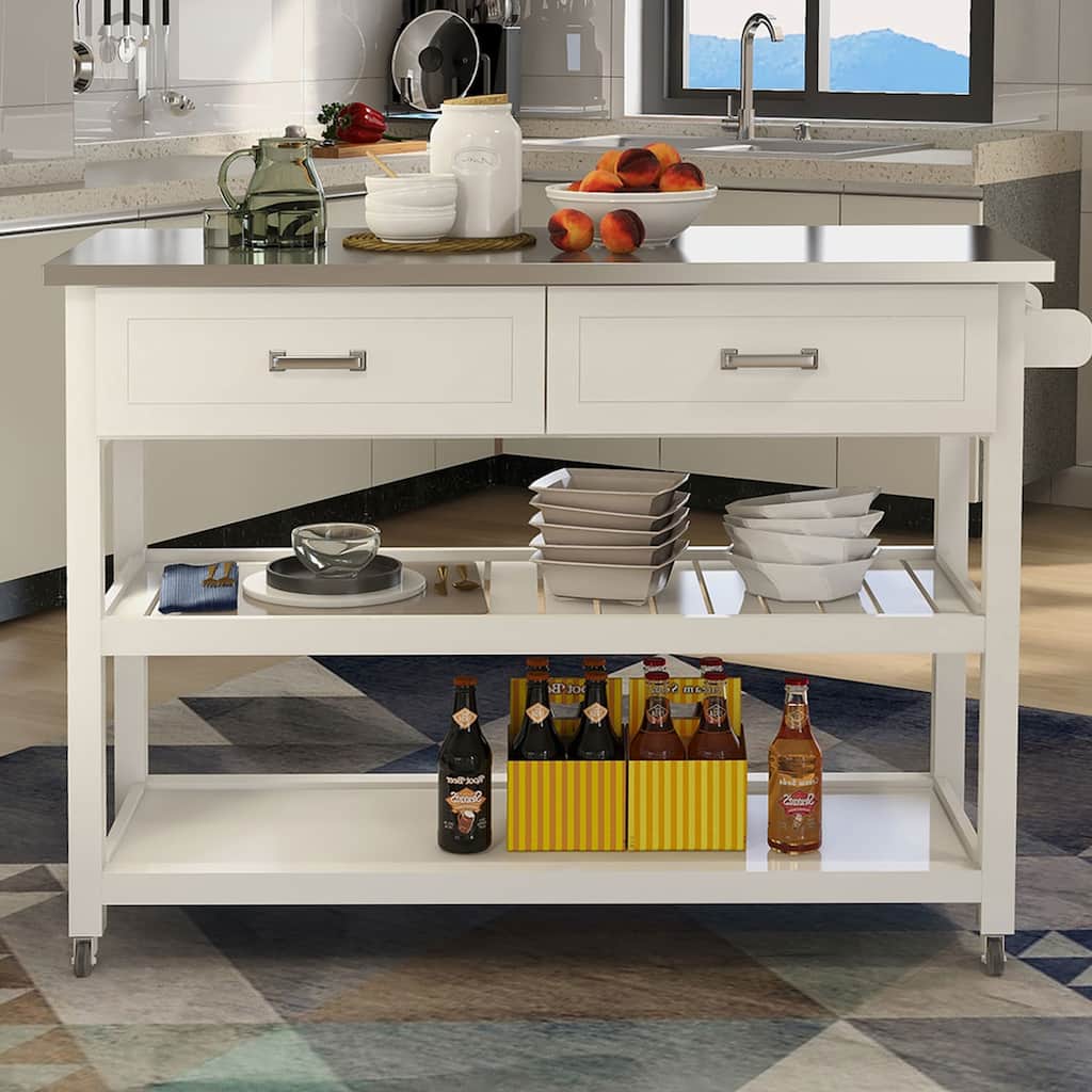 Kitchen Cart with Stainless Steel Top, 2 Drawers & Open Shelves for Storage, Easy to Assemble and Clean (White)