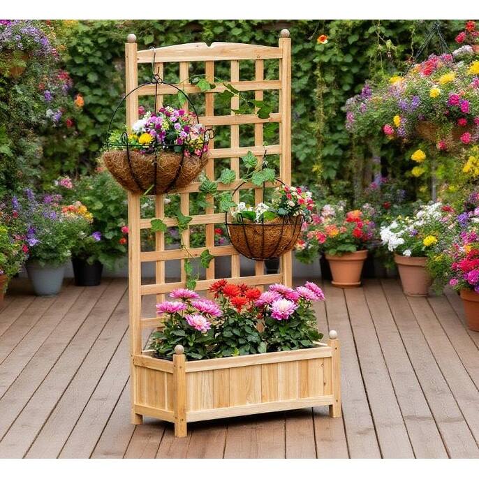 Outdoor Raised Planter Box with Trellis and Drainage for Healthy Plant