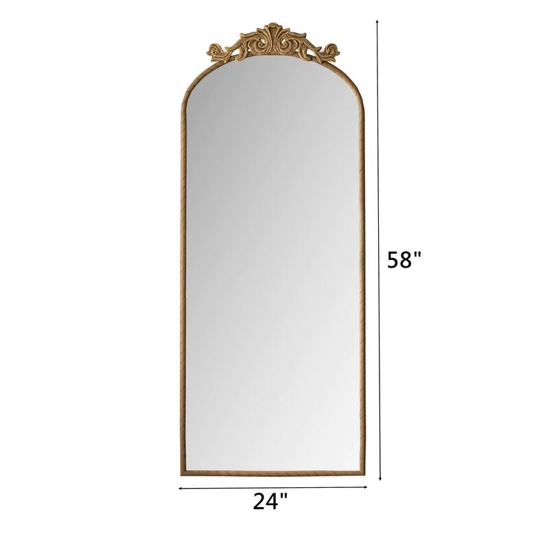 58"x24" Arched Full Body Hanging Wall Mounted Mirror with Vintage Ornate Carved Applique on Top