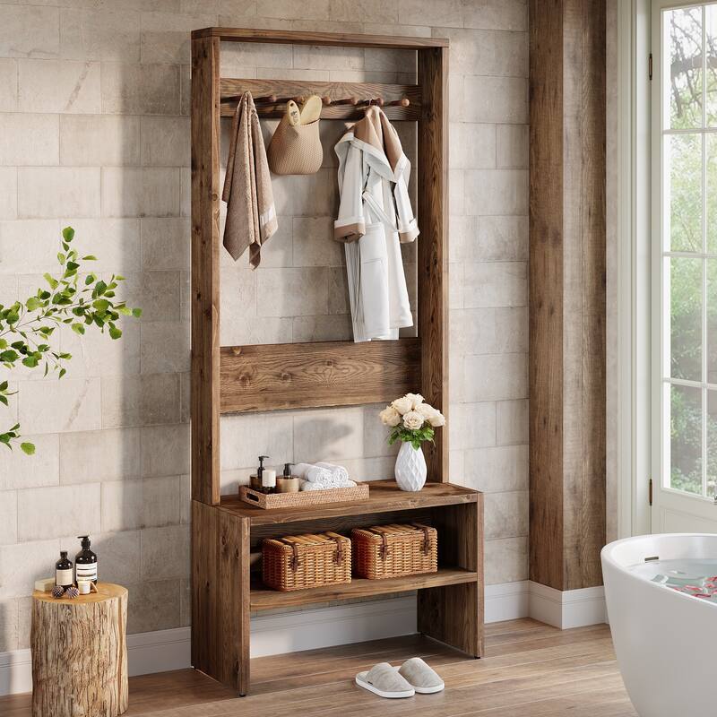 Solid Wood Entryway Hall Tree With Storage Bench And 7 Hooks
