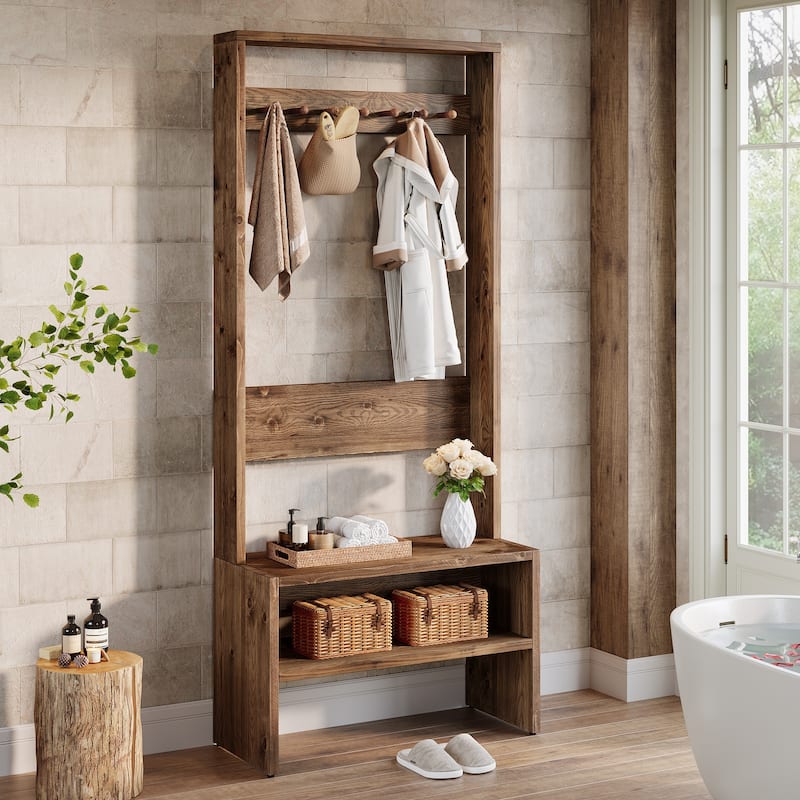 Solid Wood Hall Tree with Bench and Shoe Storage, 74.8" Tall Freestanding Coat Rack - 13.7" D x 33.4" W x 74.8" H