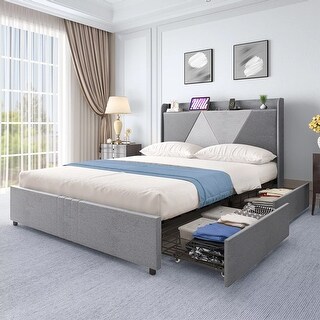 King Size Bed Frame Upholstered Wingback 4 Drawers Charging Station ...