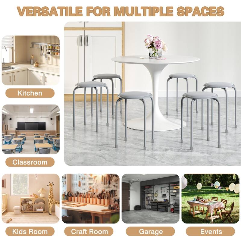 Javlergo Set of 6 Stackable Backless Stools PVC Padded Round Seats with Metal Frame Indoor Outdoor Use for Kitchen Livingroom