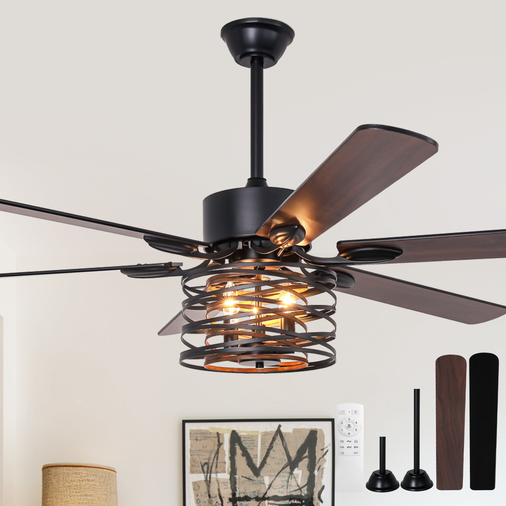 Cusp Barn 65 Inch Chandelier Fan Farmhouse Ceiling Fan with Light, Black Industrial Caged Silent Reversible DC Motor Ceiling Fan