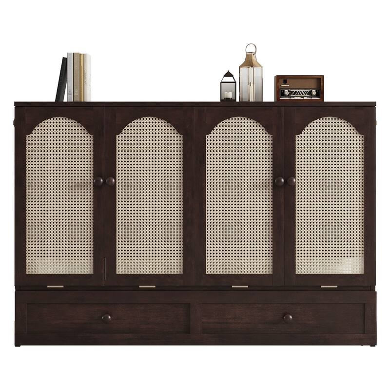 Folding Murphy Bed Pine Wood Cabinet Bed Queen Size Cube Cabinet Bed with Power Station, Drawer and Rattan Decoration Panel
