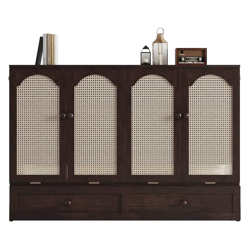Roomfitters Queen Murphy Bed Cabinet, Pine Wood Fold-Down Bed with Power Station and Rattan Accent Panel