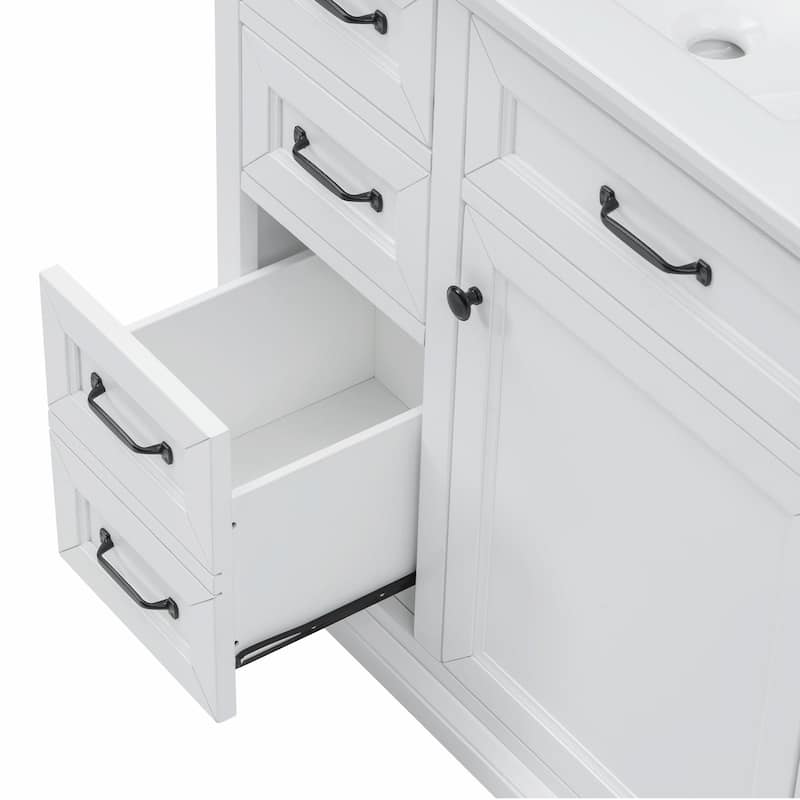36-Inch Bathroom Vanity with Ceramic Sink Top - 4 Drawers and 1 Soft-Close Door