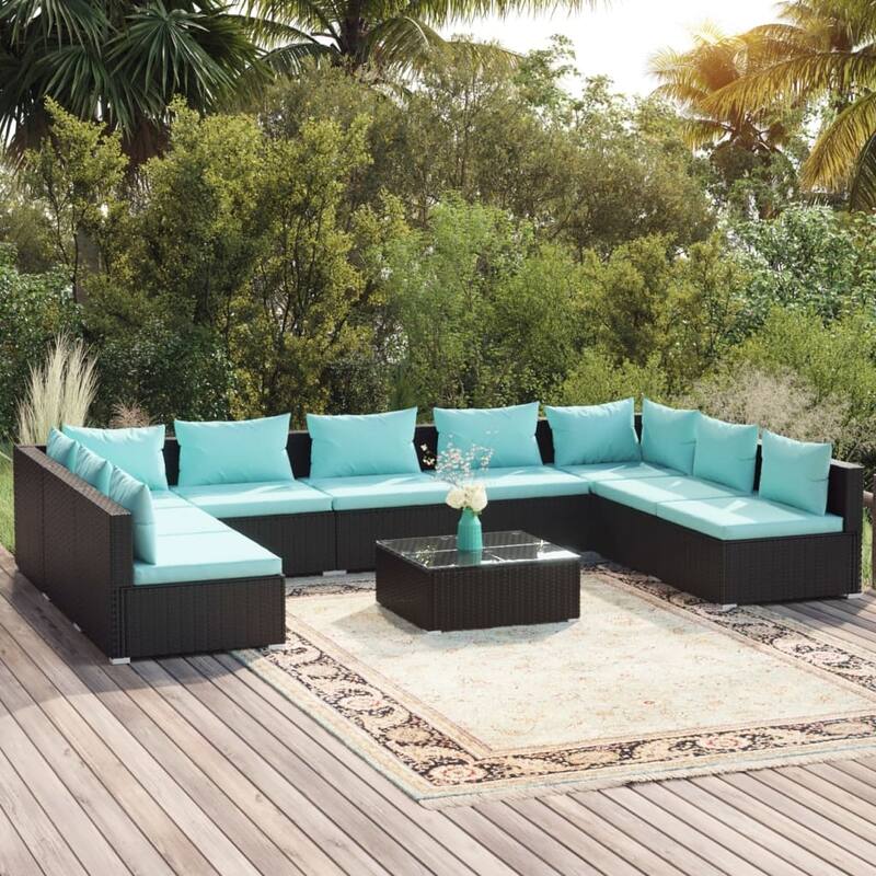 vidaXL Patio Lounge Set Outdoor Sectional Sofa Set Table Garden Poly Rattan - 27.6" x 27.6" x 23.8" - Black/Water blue 11 x Back pillow