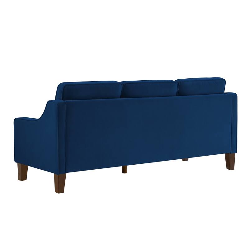 Navy Velvet Sofa Couch Scooped Armrest Straight Row Sofa with Removable Cushions and Wood Legs