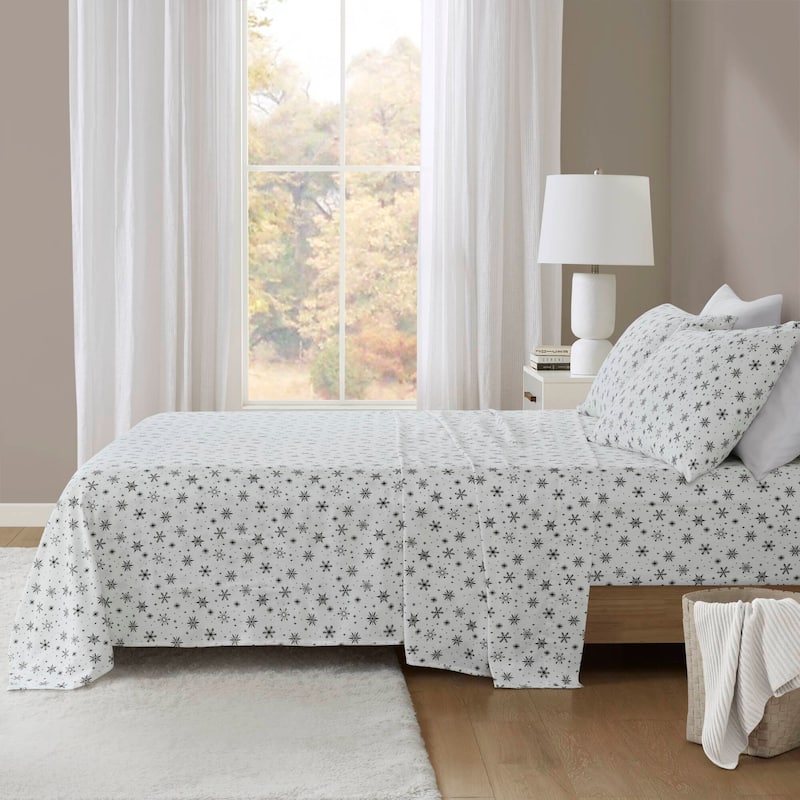 Madison Park Cozy Cotton Flannel Printed Sheet Set - Full - Black Snowflakes