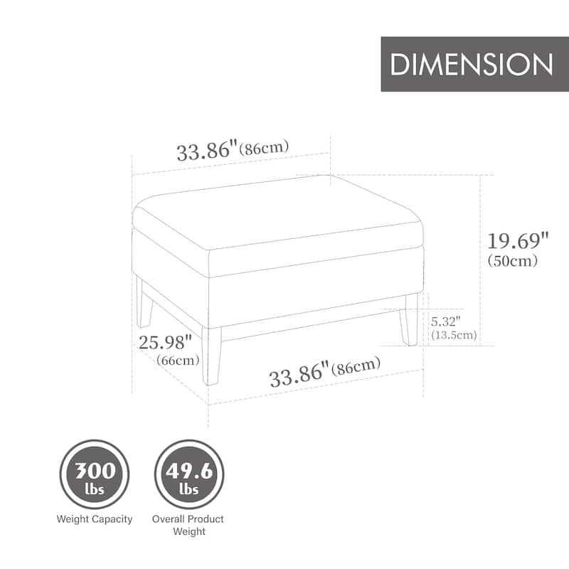 33.86"W Upholstered Wood Base Storage Ottoman With Reversible Lid Coffee Table, Foot Stool Square Footrest with Rubberwood Legs