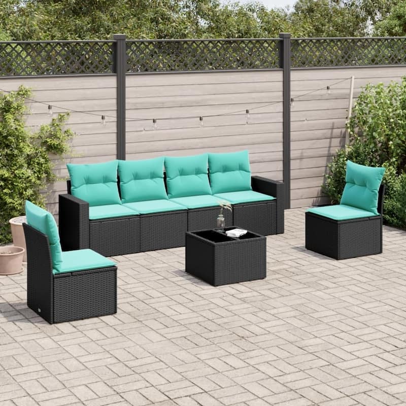 vidaXL 6/7 Piece Patio Sofa Set with Cushions Black Poly Rattan - 21.7" x 24.4" x 27.2" - Black and blue-With table