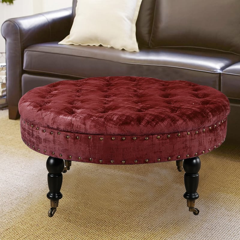 Round Velvet Tufted Coffee Table Ottoman, 34" x 34" x 17" H
