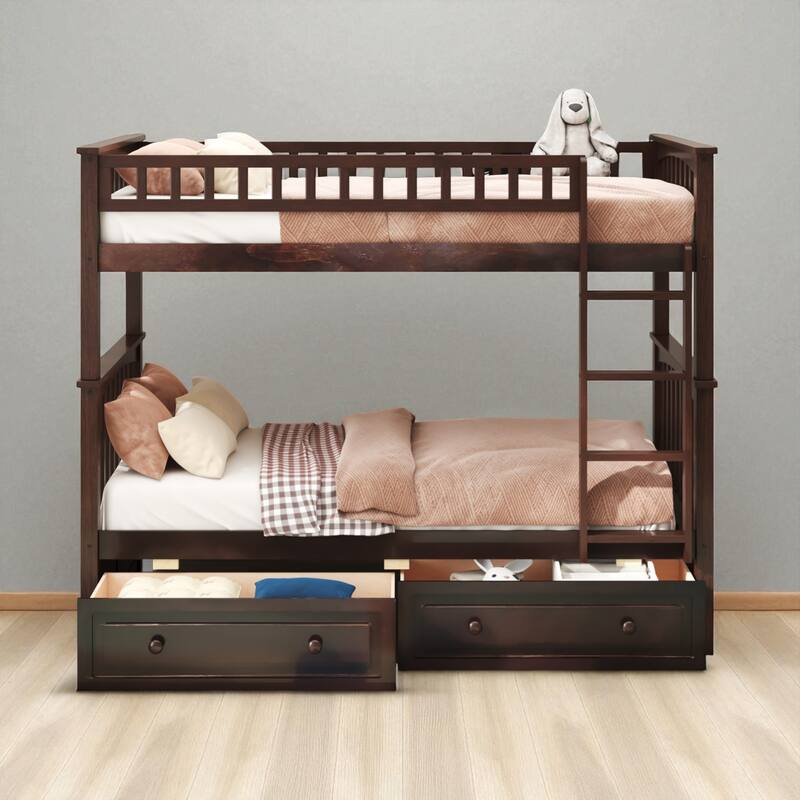 Twin Over Twin Convertible Bunk Bed with Storage Drawers, Fence Guardrail, Solid Wood Frame, No Box Spring Needed - Espresso - Twin