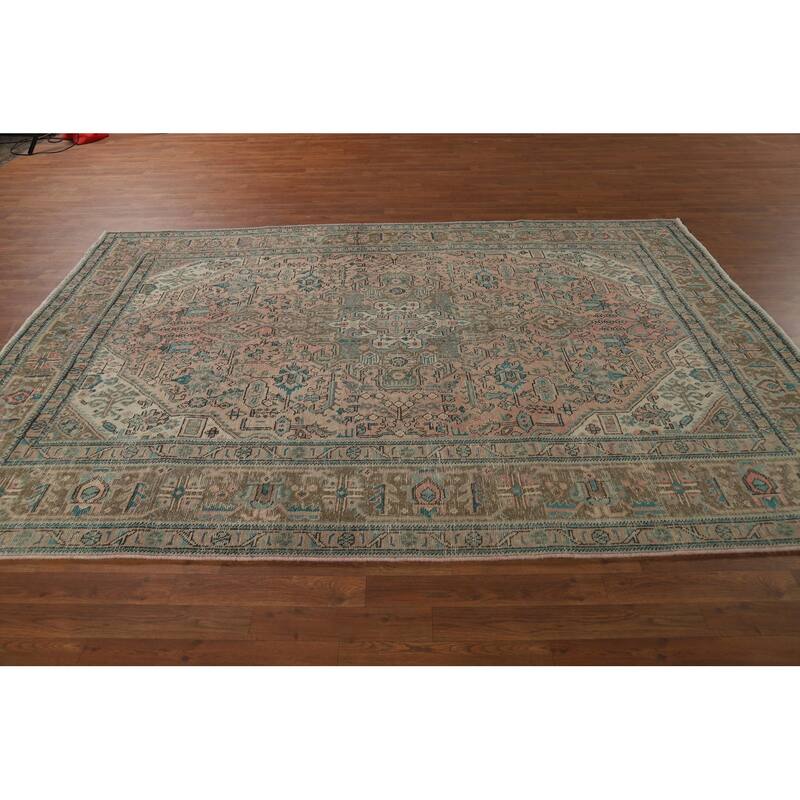 Pink Geometric Tabriz Persian Area Rug Hand-Knotted Wool Carpet - 6'7" x 9'3"
