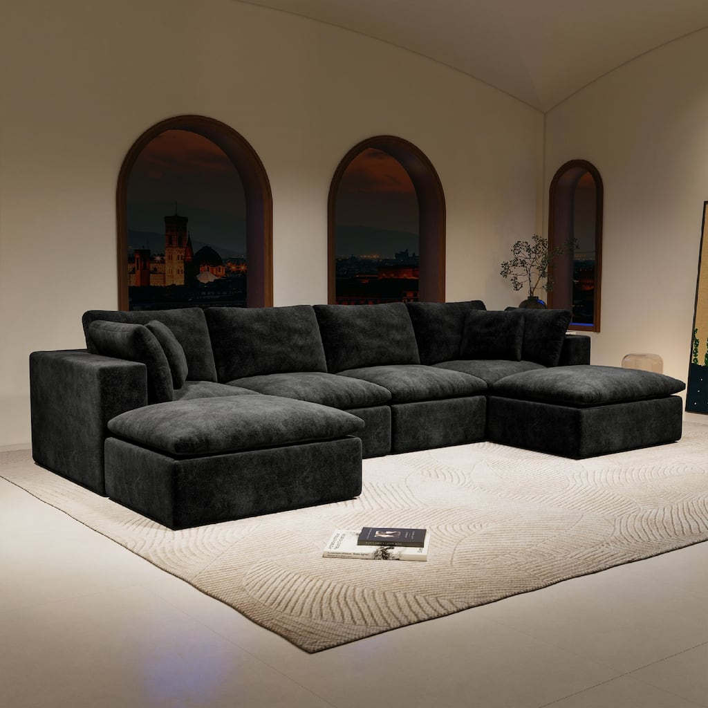 Roomfitters 137.8" Modular Sectional Sofa, 5-Piece Compressed Cloud Couch, No Assembly, Plush Corduroy, Black