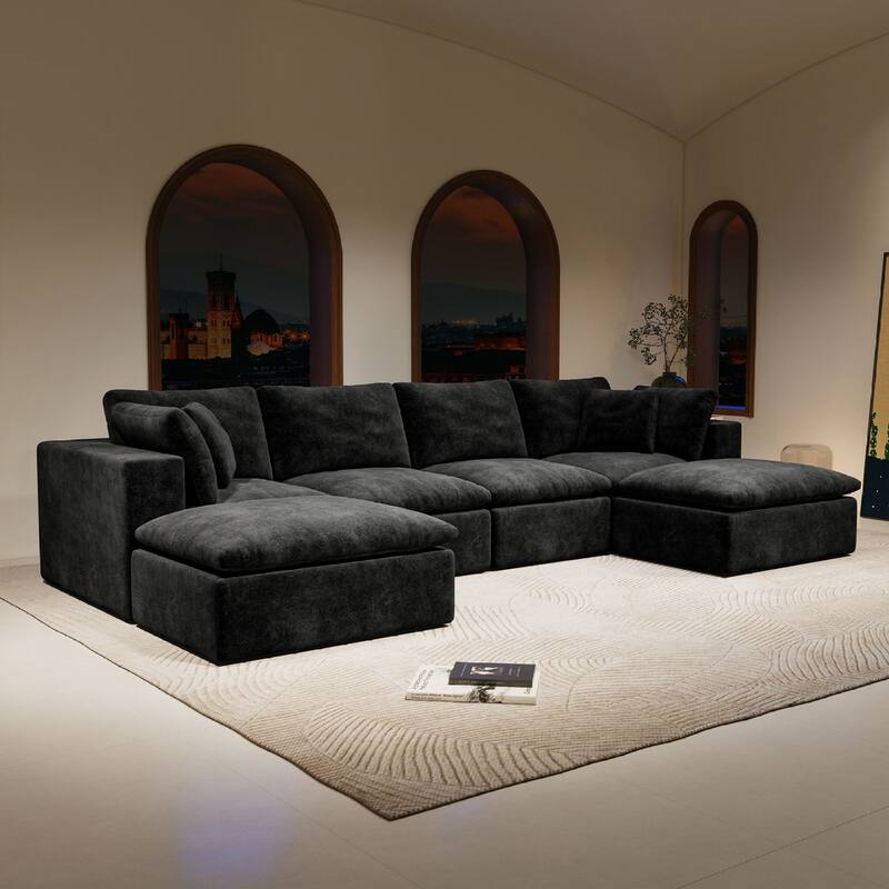 Roomfitters 137.8" Modular Sectional Sofa, 5-Piece Compressed Cloud Couch, No Assembly, Plush Corduroy, Black - Black