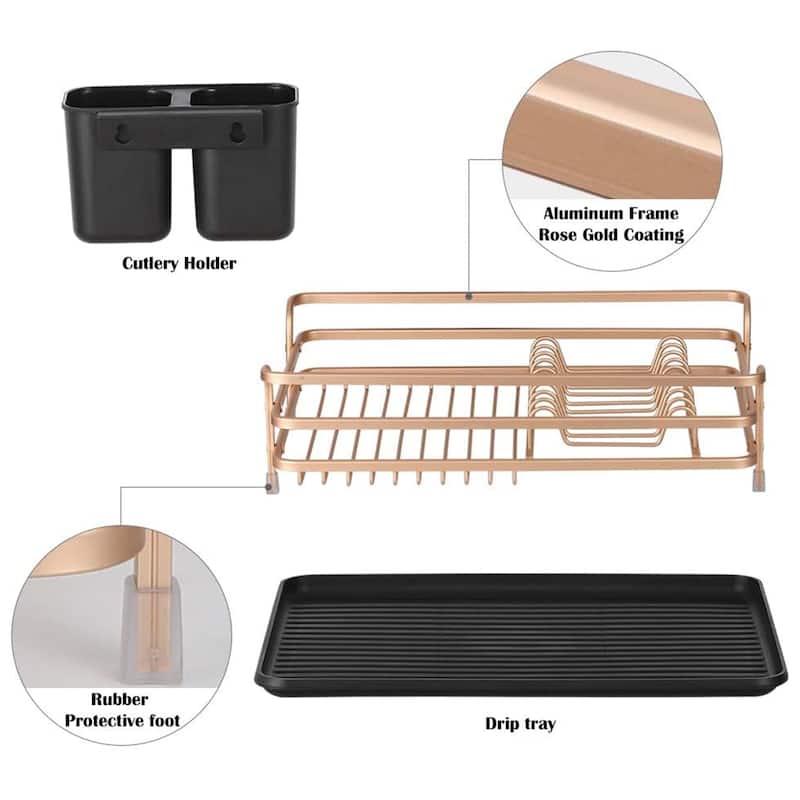 Aluminum Dish Drying Rack with Cutlery Holder, Rose Gold