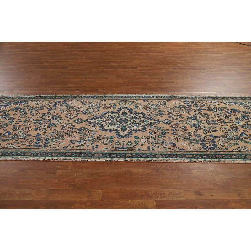 Hand Knotted Oriental 100% Wool Carpet Traditional Geometric Peach Hamedan Runner Rug - 10' 2'' X 3' 4''