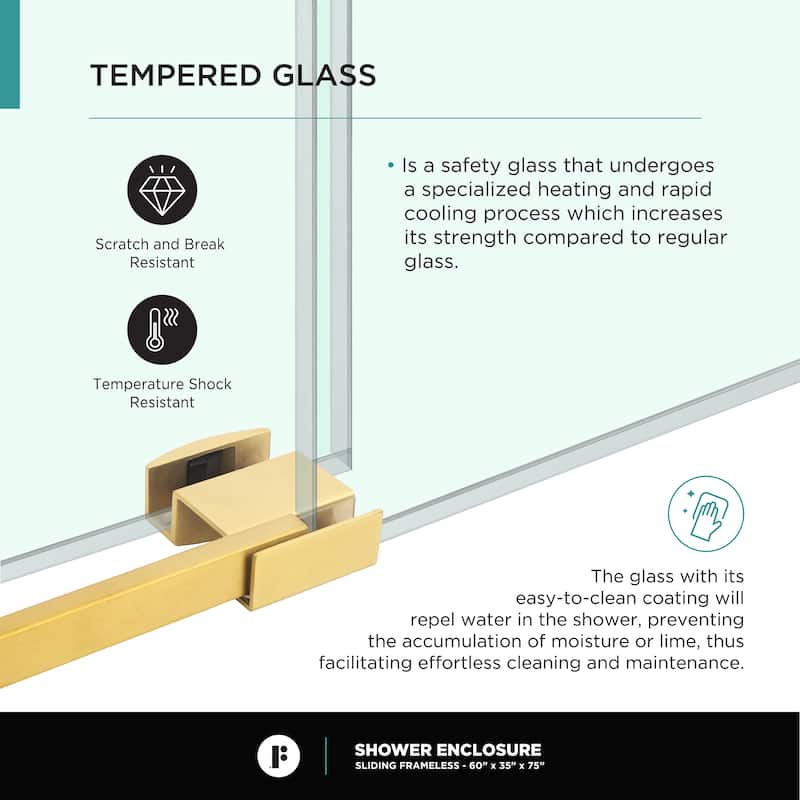 Fine Fixtures Frameless Shower Enclosure Sliding Shower Glass Door - Tempered Glass