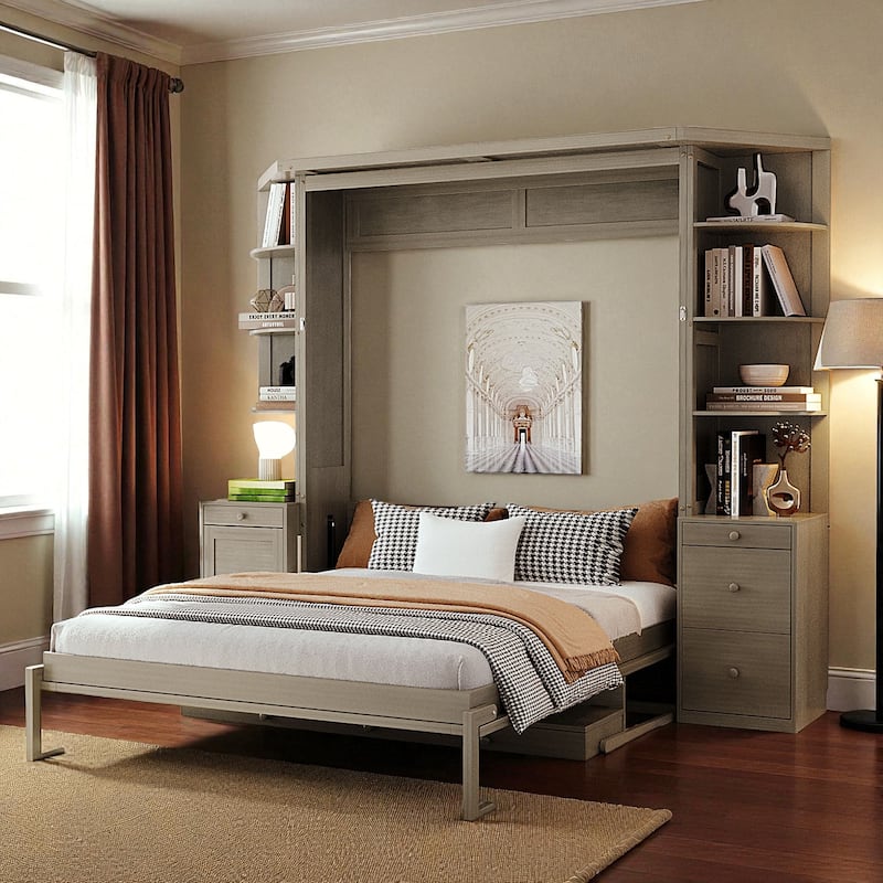 Queen Murphy Bed with Desk, Storage Shelves and Cabinets, Hidden Wall Bed for Home Office Space Saving Furniture