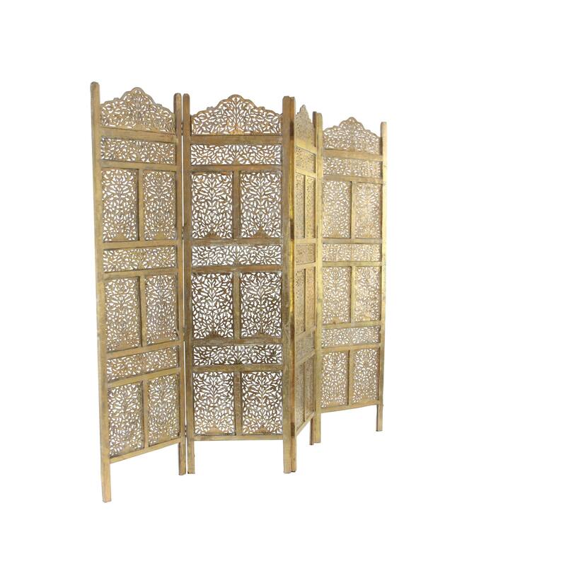 Gold Wooden Handmade Foldable Partition 4 Panel Floral Partition Room Divider Screen with Carved Designs
