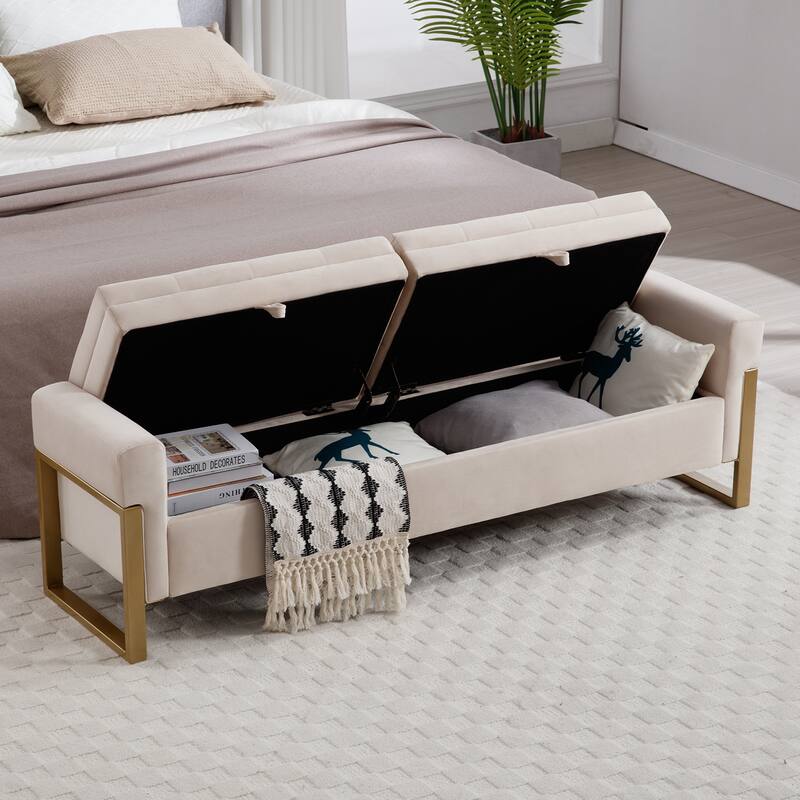66" Storage Bench King Size End of Bed with Double Lids and Gold Legs