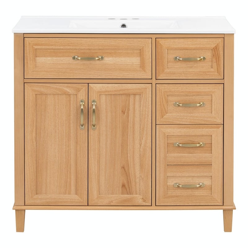 36 Inch Bathroom Vanity with Ceramic Sink, Modern Wood Grain Cabinet with Solid Rubberwood Legs, Soft-Close Doors & 4 Drawers