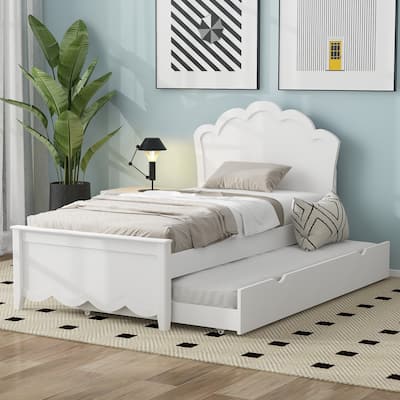 Twin Size Wood Platform Bed with Headboard and Twin Size Trundle, White