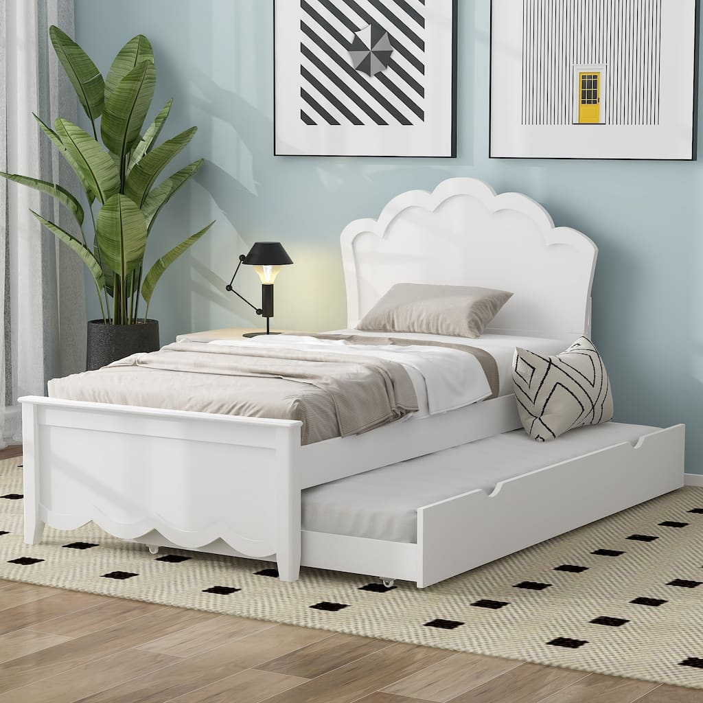 White Twin Size Modern Wood Platform Bed with Headboard and Twin Size Trundle for Bedroom