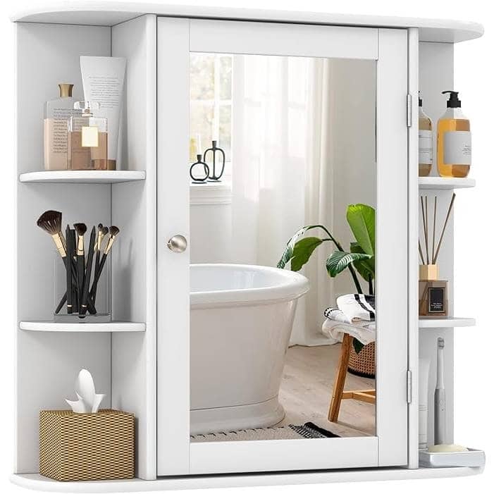 White Engineered Wood Wall Mount Bathroom Medicine Cabinet with 10 Shelves - 26" x 6.5" x 25" (L x W x H)