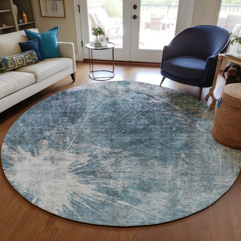 Machine Washable Indoor/ Outdoor Chantille Modern Tree Grain Rug - Teal - 8' x 8'