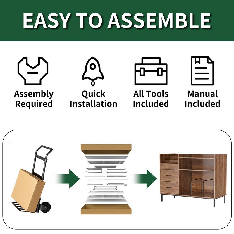Mid-Century Modern Record Player Stand for 500+ Vinyls - Wood & Metal Audio Console with Storage & Drawers