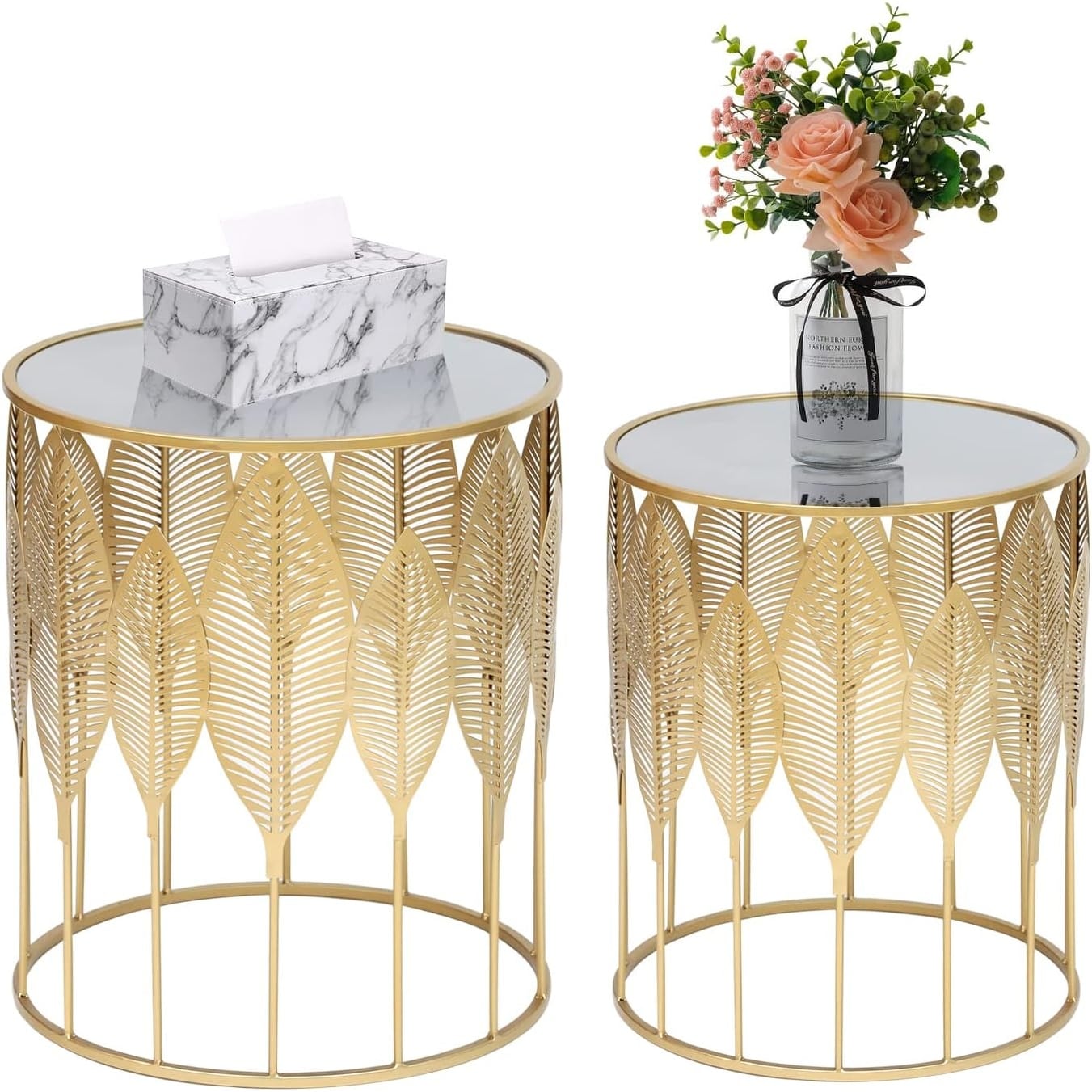 Set of 2 Nesting Side Tables, Round Metal Accent Tables for Living Room Bedroom (Gold Leaf)