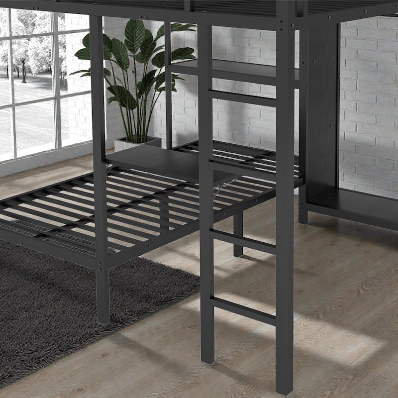 King Over Twin XL Metal Bunk Bed with Wardrobe and Desk, Space Saving Bunk Bed Frame for Small Rooms