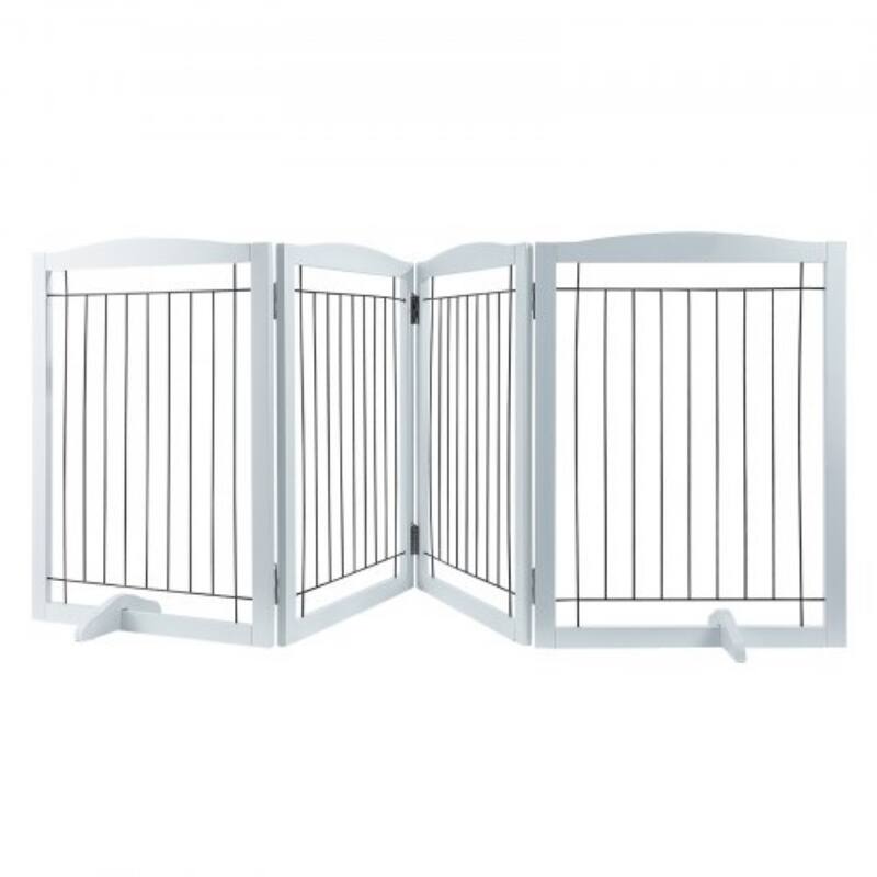 Modern 4 Panels Foldable and Expandable Freestanding Pet Gate with Footpads - 96.46 x 9.65 x 32.01 in