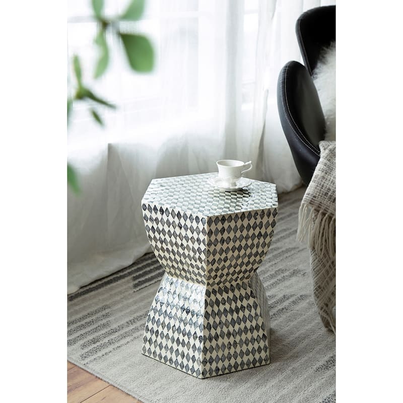 Hexagon Capiz Inlay Stool - 16.5" - Black and White