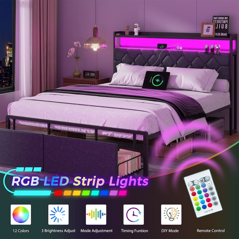 Queen Size Metal Bed Frame with LED Headboard & USB Ports