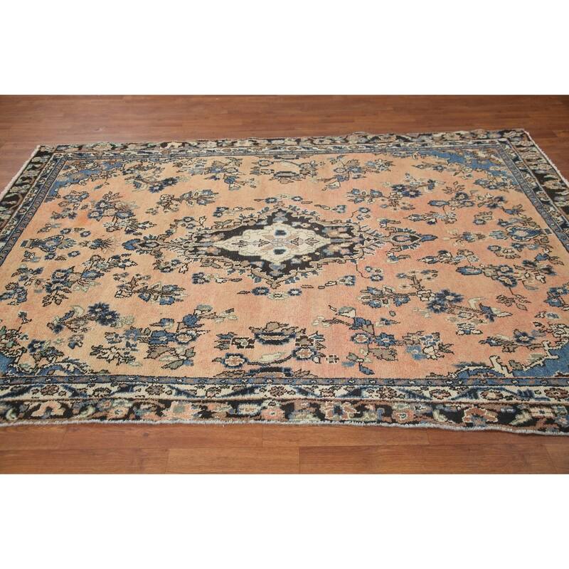 Hand Knotted Oriental 100% Wool Carpet Traditional Floral Peach Hamedan Area Rug - 8' 8'' X 5' 8''