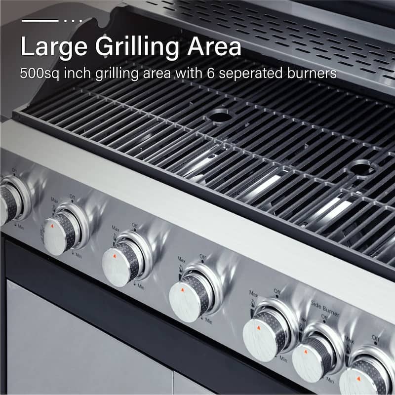 6-Burner Propane Gas BBQ Grill with Side Burner, 65,800 BTU, Porcelain Grates, 665 SQ.IN. Cooking Area, Stainless Steel