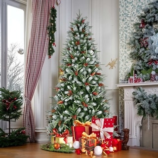 Flocked Christmas Tree with Red Berries & Pine Cones, 4-9FT