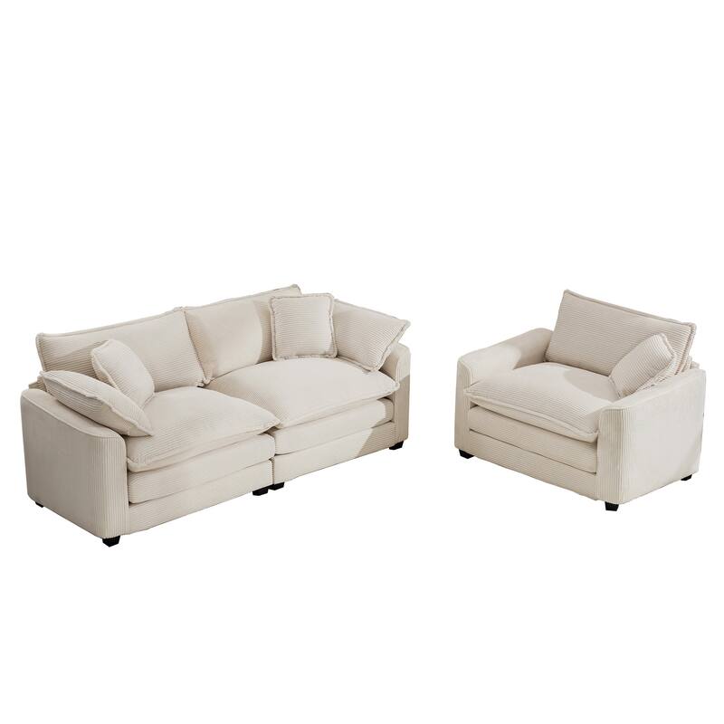 2+1 Seat Flexible Combinations Sofa Set with Throw Pillows, Corduroy Fabric Sofa with Removable Armrests